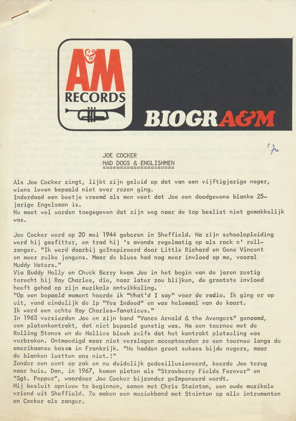 Joe Cocker - Mad Dogs & Englishmen - 1970 [Holland] - Press Release