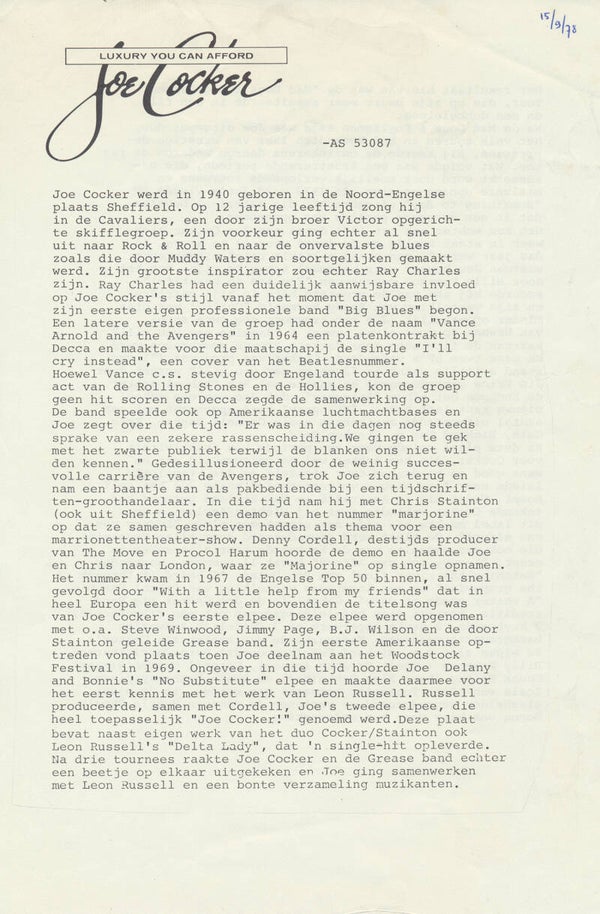 Joe Cocker - Luxury You Can Afford - 1978 [Holland] - Press Release