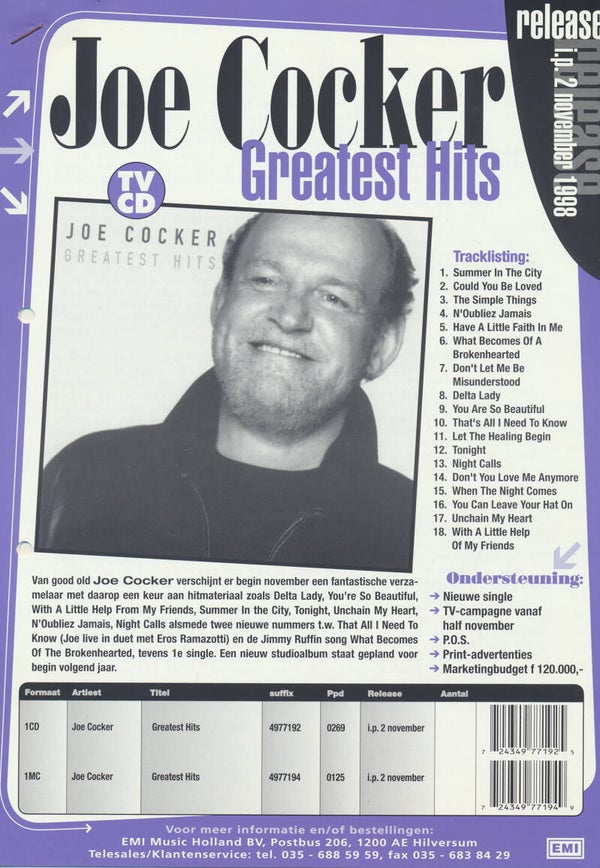 Joe Cocker - Greatest Hits - 1998 [Holland] - Press Release / Sales Sheet