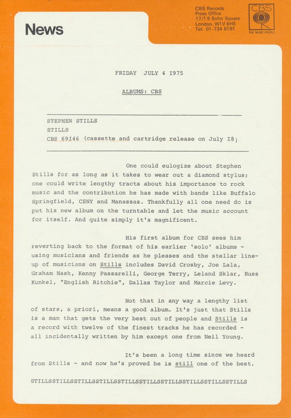 Stephen Stills - Stills - July 4, 1975 [UK] - Press Release