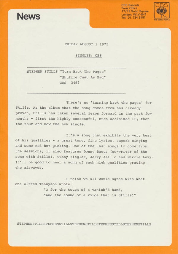 Stephen Stills - Turn Back The Pages - August 1, 1975 [UK] - Press Release