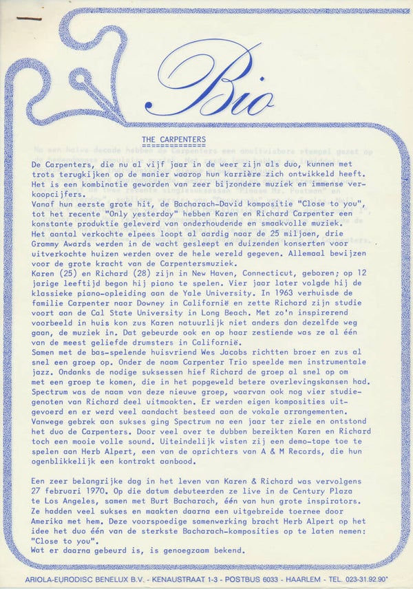 The Carpenters - Horizon - 1975 [Holland] - Press Release