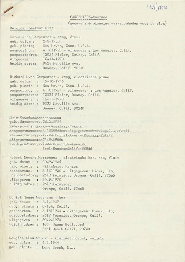 The Carpenters - Benelux Tour - 1974 [Holland] - Itinerary
