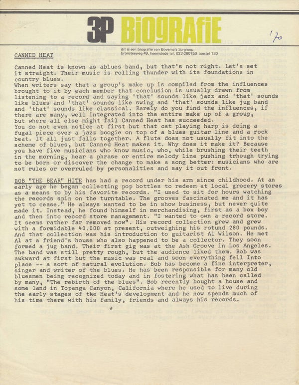 Canned Heat et al. - 3P Biografie - 1970 [Holland] - Press Release