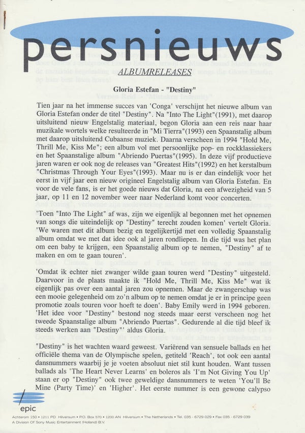 Gloria Estefan - Destiny - June 1996 [Holland] - Press Release