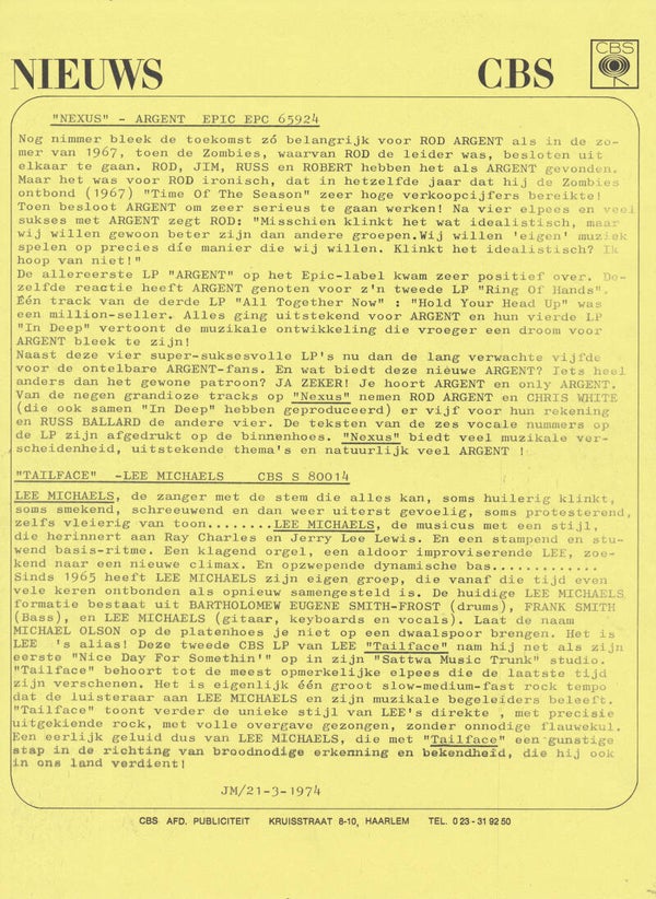 Argent - Nexus - CBS Nieuws - 1974 [Holland] - Press Release
