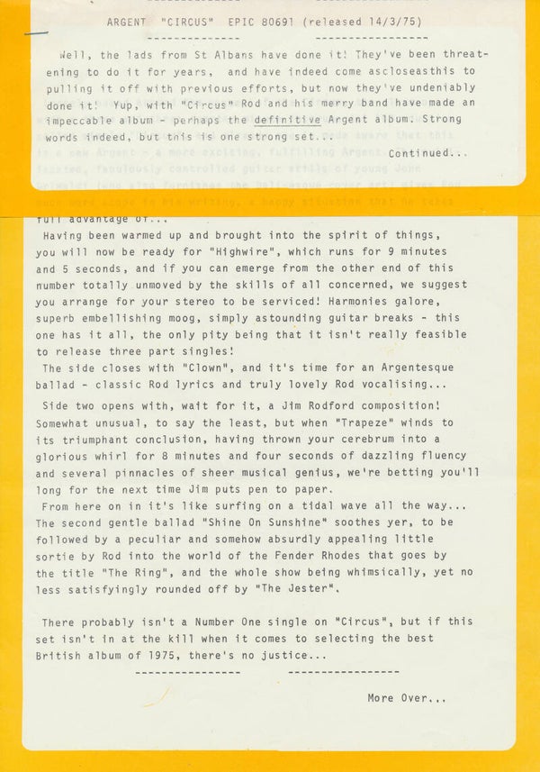 Argent - Circus - 1975 [UK] - Press Release