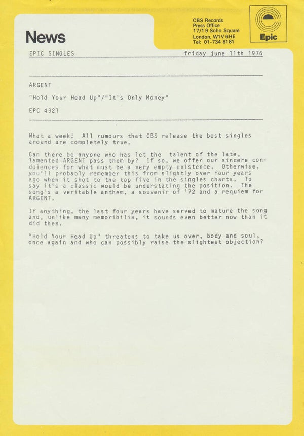 Argent - Hold Your Head Up - 1976 [UK] - Press Release