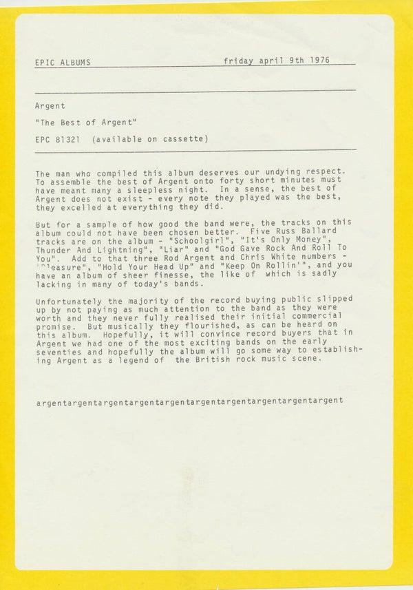 Argent - The Best Of Argent - 1976 [UK] - Press Release