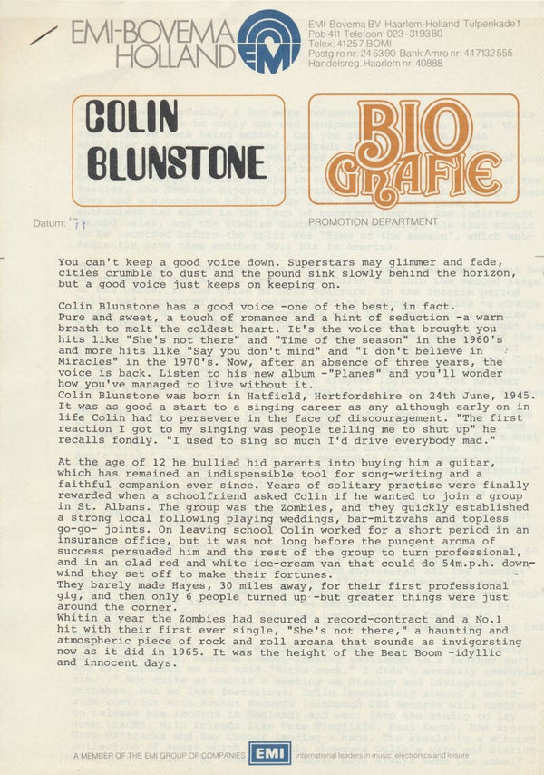 Colin Blunstone - Biografie - 1977 [Holland] - Press Release