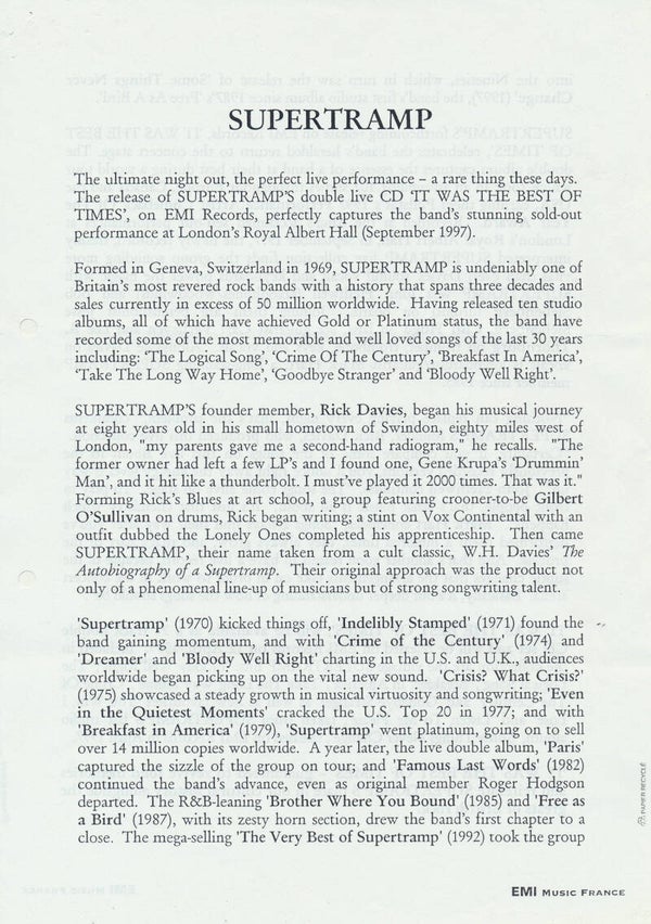 Supertramp - It Was The Best Of Times - 1999 [France] - Press Release