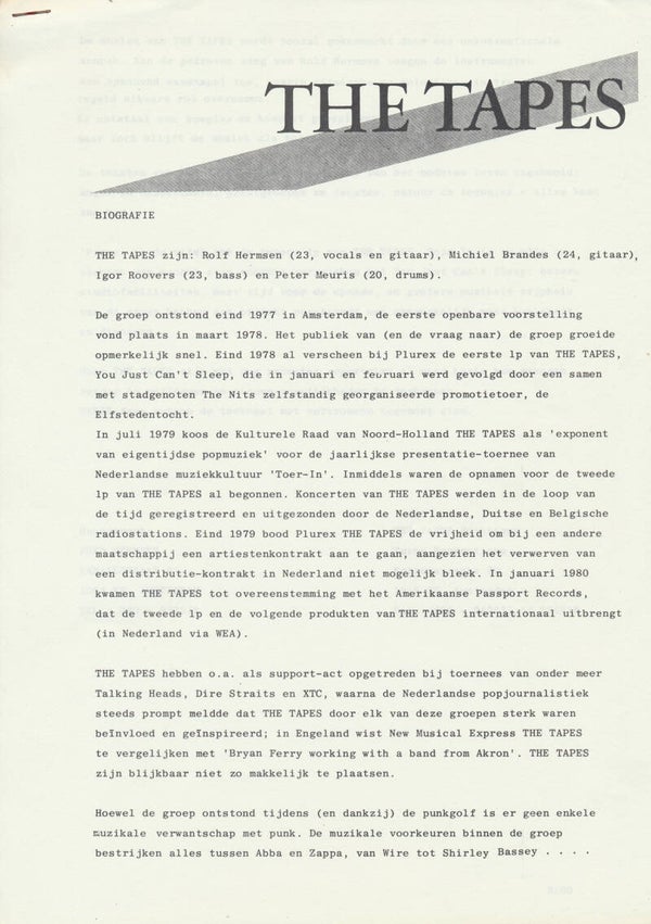 The Tapes - Biografie - March 1980 [Holland] - Press Release