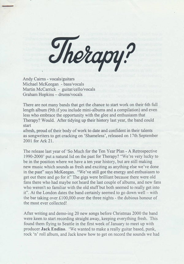 Therapy? - September 2001 [Holland] - Press Release