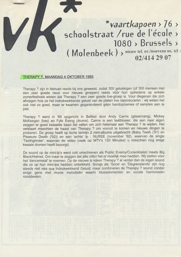 Therapy? - Vaartkapoen, Brussels - October 4, 1993 [Belgium] - Press Release