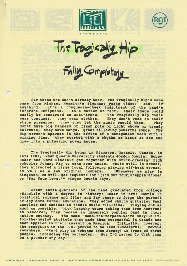 The Tragically Hip - Fully Completely - 1992 [Holland] - Press Release