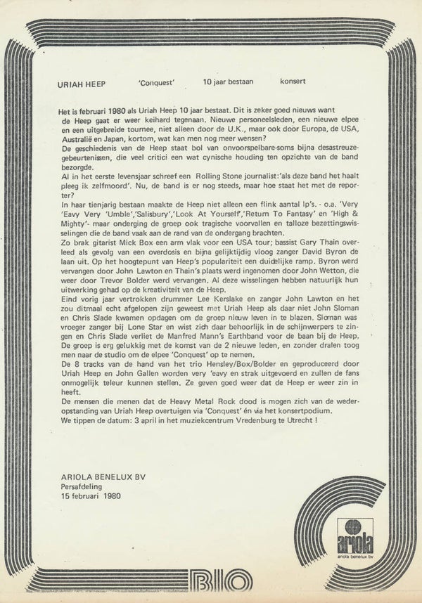 Uriah Heep - Conquest - 1980 [Holland] - Press Release