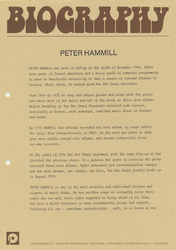 Peter Hammill - Biography - October 1982 [Holland] - Press Release