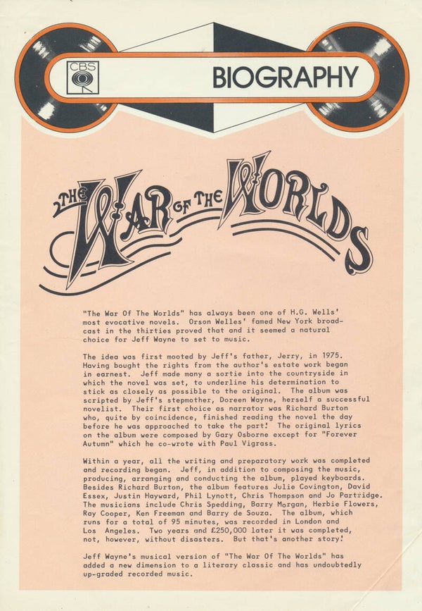 Jeff Wayne - War Of The Worlds - 1978 [UK] - Press Release