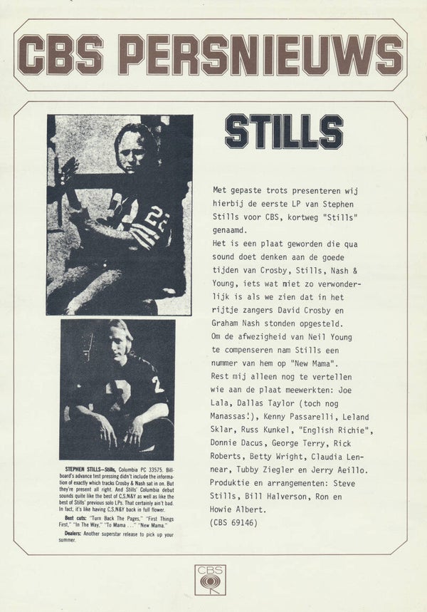 Stephen Stills - Stills - CBS Persnieuws - 1975 [Holland] - Press Release