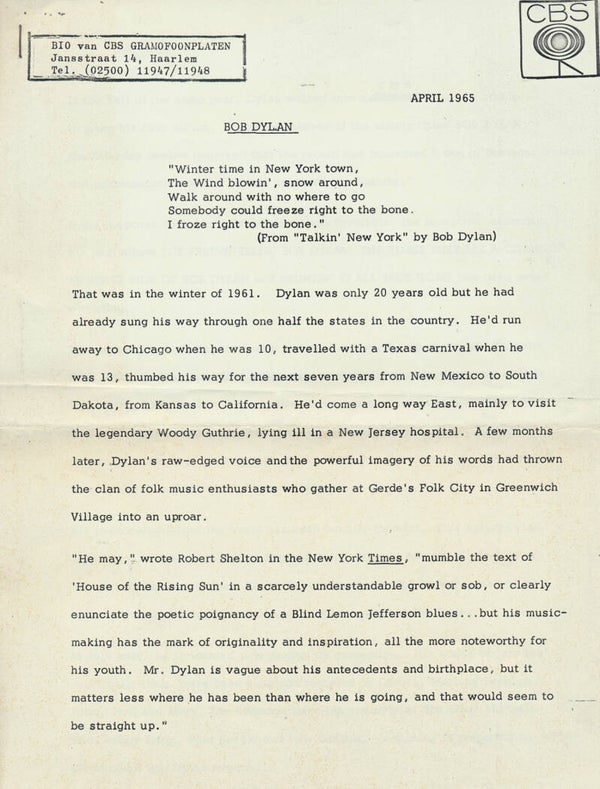 Bob Dylan - April 1965 [Holland] - Press Release