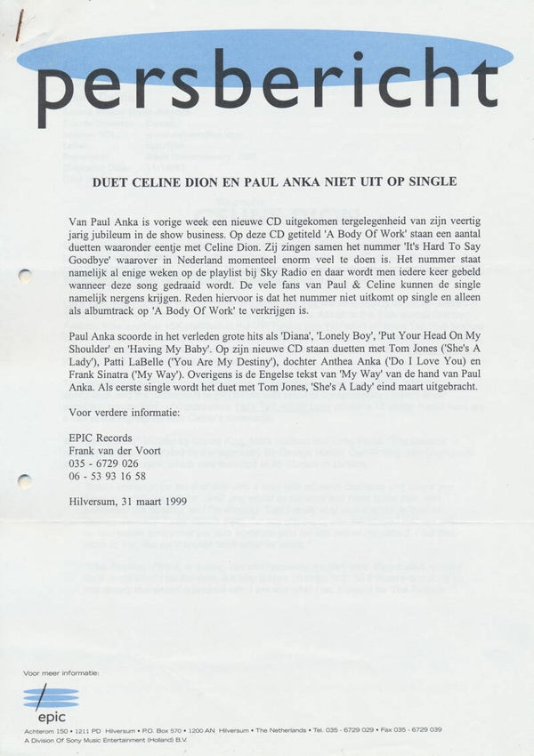 Celine Dion - 1998/1999 [Holland] - Press Release