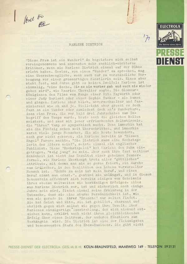 Marlene Dietrich - 1971 [Germany] - Press Release