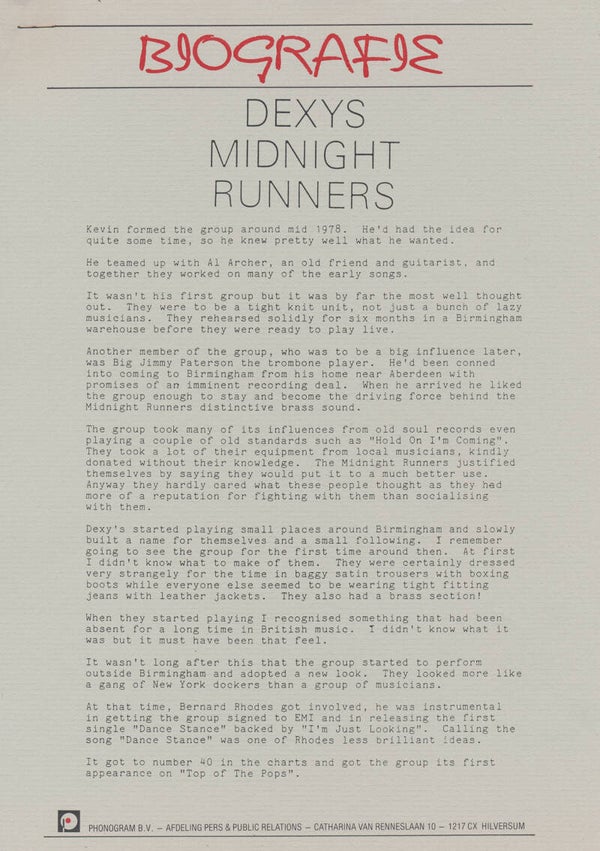 Dexys Midnight Runners - Don't Stand Me Down - 1985 [Holland] - Press Release