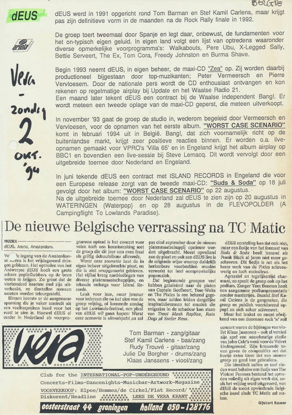dEUS - Vera - Groningen - October 2, 1994 [Holland] - Press Release