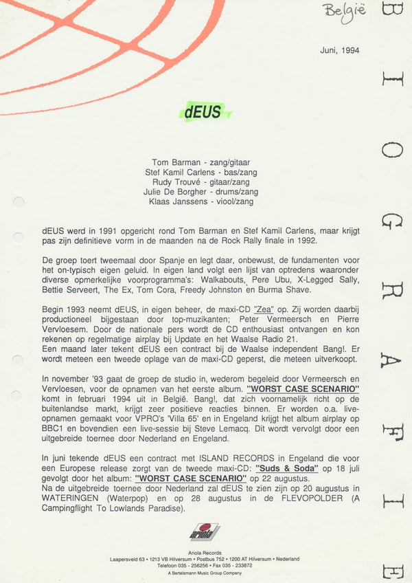 dEUS - Worst Case Scenario - June 1994 [Holland] - Press Release