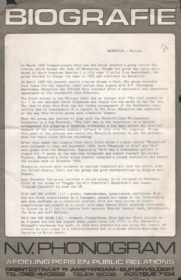 Ekseption - Biografie - 1970 [Holland] - Press Release
