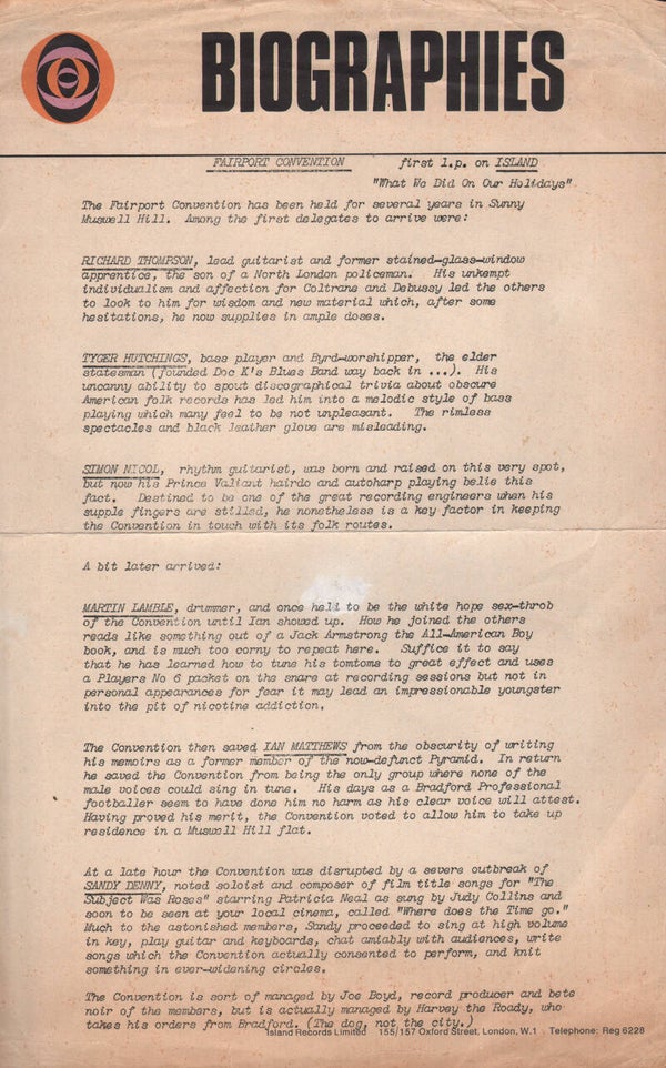 Fairport Convention - What We Did On Our Holidays - 1969 [UK] - Press Release