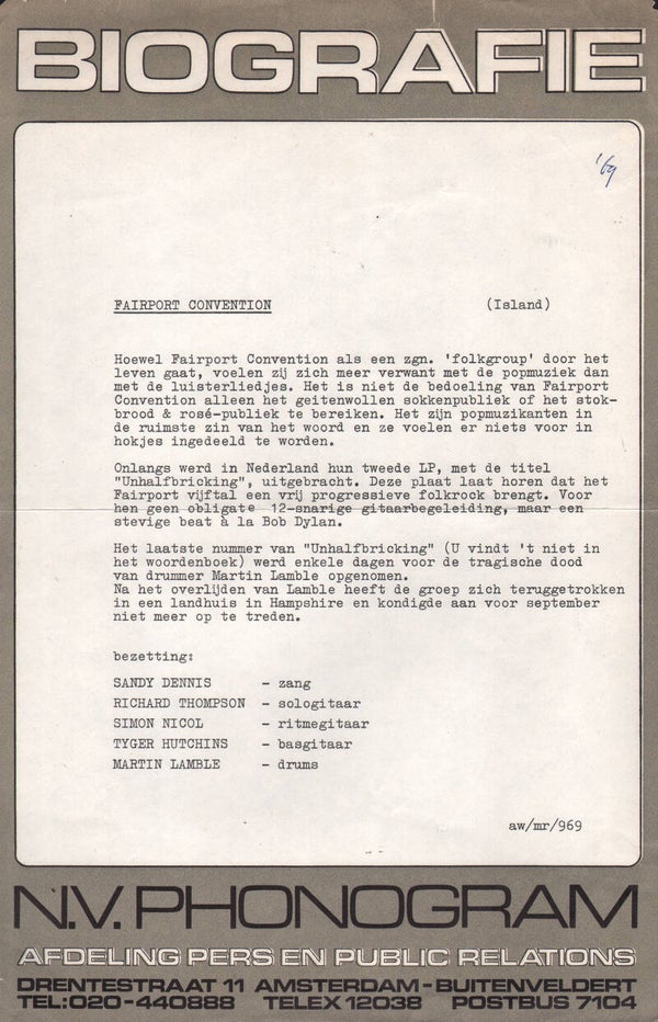 Fairport Convention - Unhalfbricking - September 1969 [Holland] - Press Release