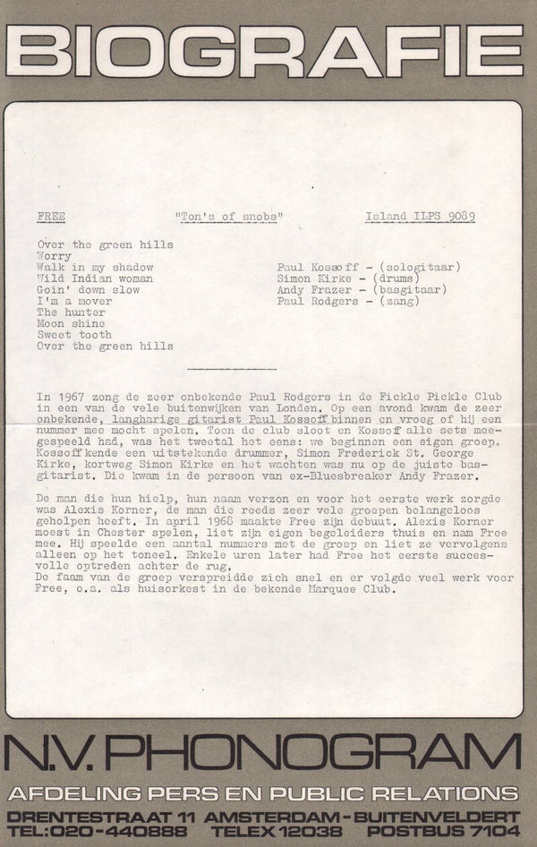 Free - Ton's Of Snobs [sic] - Tons Of Sobs - March 1969 - [Holland] - Press Release