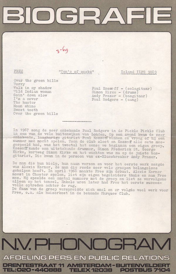 Free - Ton's Of Snobs [sic] - Tons Of Sobs - March 1969 - [Holland] - Press Release