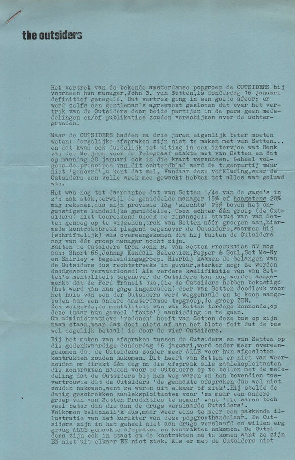 The Outsiders - January 28, 1969 [Holland] - Provadya? Press Release