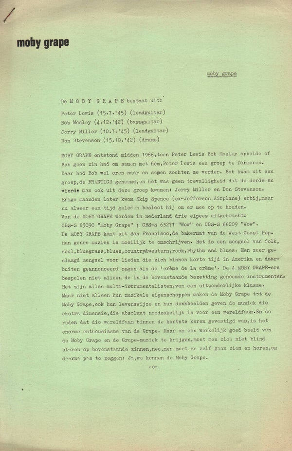 Moby Grape - Amsterdam/Rotterdam - 1969 [Holland] - Provadya? Press Release