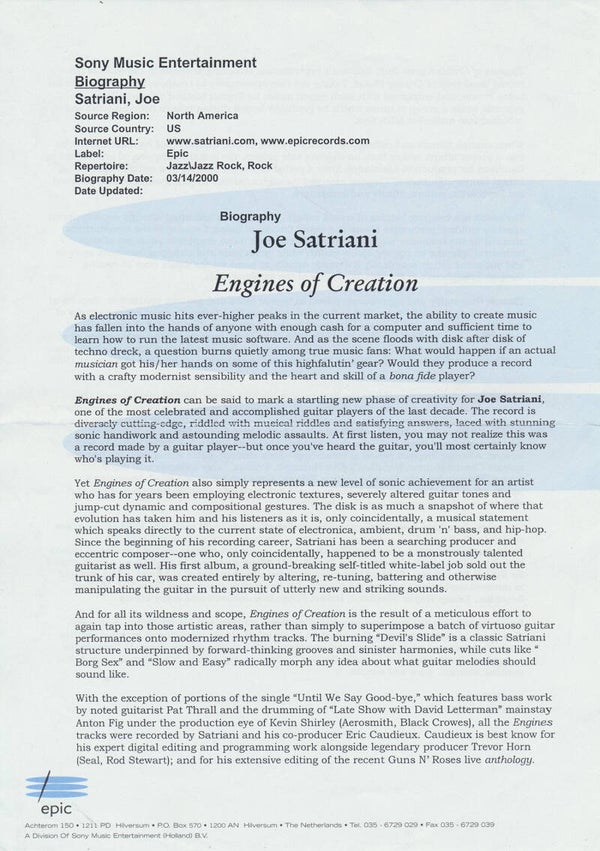 Joe Satriani - Engines Of Creation - 2000 [Holland] - Press Release