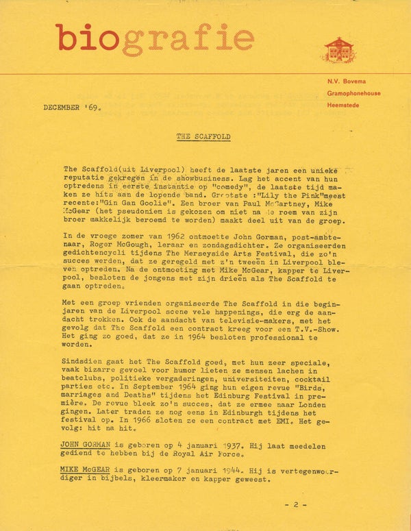 The Scaffold - Biografie - December 1969 [Holland] - Press Release