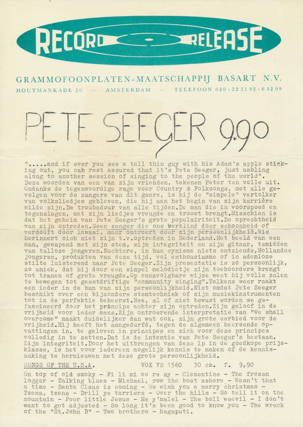 Pete Seeger - Record Release - 1965 [Holland] - Press Release
