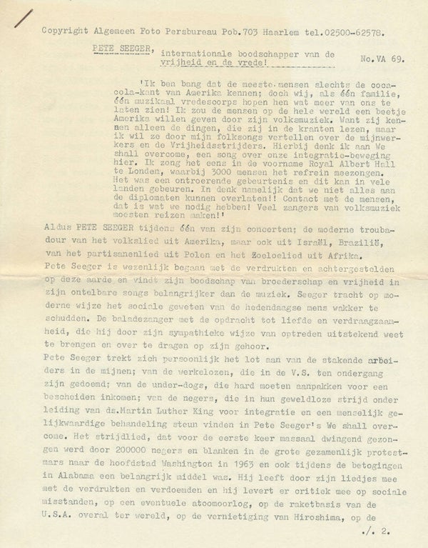 Pete Seeger - 1965 [Holland] - Press Release