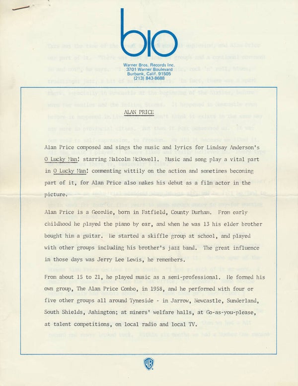 Alan Price - Bio - May 1973 [USA] - Press Release