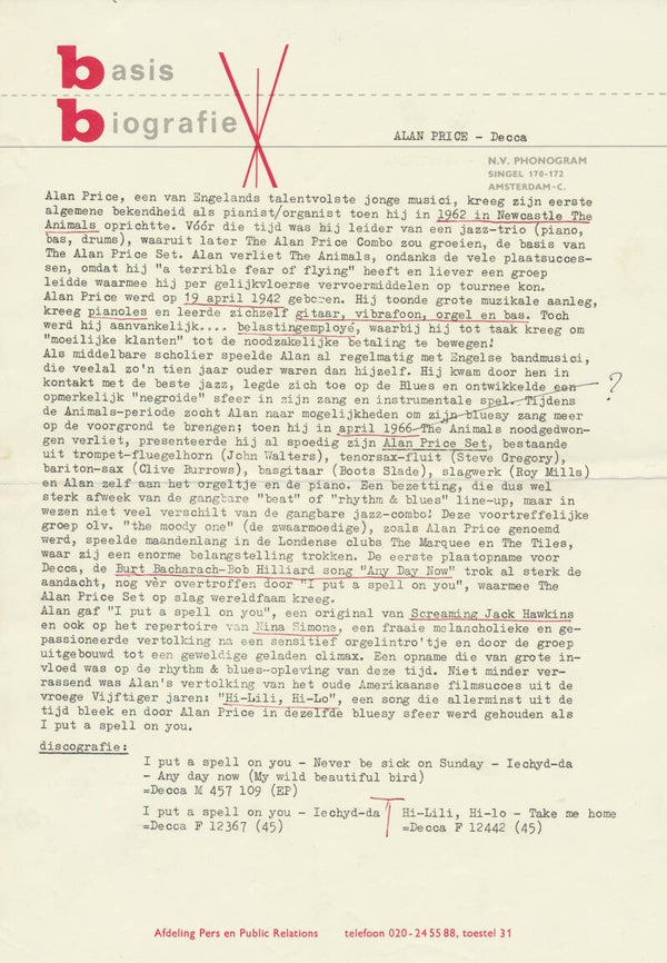 Alan Price - Basis Biografie - 1966 [Holland] - Press Release