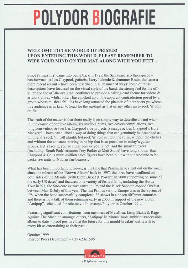 Primus - Polydor Biografie - October 1999 [Holland] - Press Release