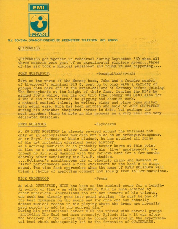 Quatermass - EMI Harvest - 1970 [Holland] - Press Release