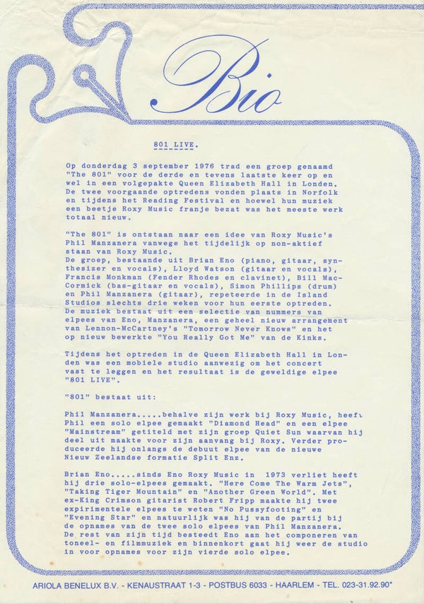 801 Live - Bio - 1976 [Holland] - Press Release