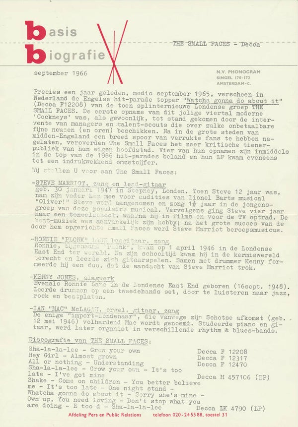 The Small Faces - September 1966 [Holland] - Press Release