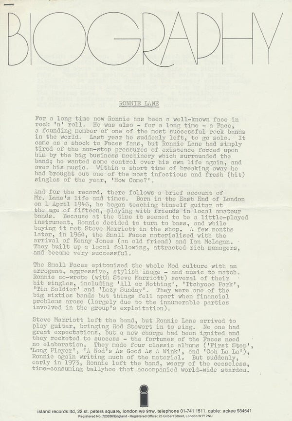 Ronnie Lane - Biography - 1975 [UK] - Press Release