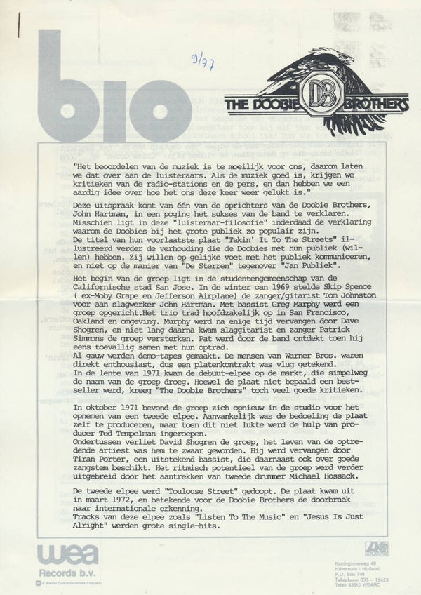 The Doobie Brothers - Bio - September 1977 [Holland] - Press Release