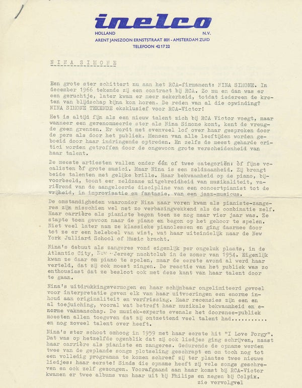 Nina Simone - 1967 [Holland] - Press Release