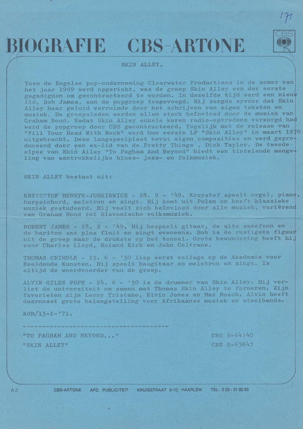 Skin Alley - Biografie - January 15, 1971 [Holland] - Press Release